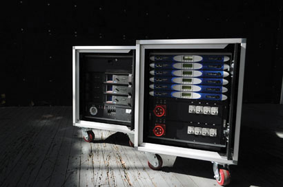 EAW Powercubes with Lab.gruppen (left) and Powersoft (right) amplifiers, 115 volt versions