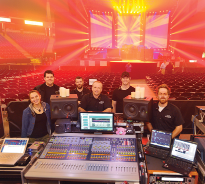 The crew, from left: Annie Hallquist (drum/stage tech), Pete Bowman (monitor engineer), James “J-Mac” McCutcheon (monitor tech/patch), Brett “Scoop” Blanden (FOH engineer), Alex Moore (SR PA tech), Jim “Fish” Miller (systems engineer). Photo by Steve Jennings