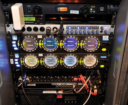 Not your father’s FOH rack: Beneath the Furman PL8 power conditioner/lights and Lectrosonics R400A wireless (used for measurement mics), PreSonus FireStudio preamp/interface (for measurement mics), Dolby Lake LP8 D8 system processors, Riedel RockNet RN.335 digital input interface, Cisco SGE2000 Gigabit Ethernet switcher and an Eaton 9130 rackmount UPS.