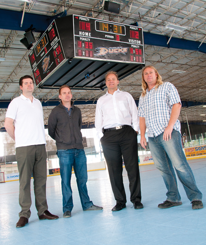 At The Rinks’ location in Irvine, CA, from left, Jason Voorhees and Adam Purath, Cantara Design; Bjorn Slijderink, H&S Ventures; Garrison Parkin, The SG Group.