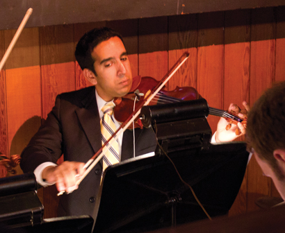 A Countryman B2D directional lavalier — held in place with a small piece of foam under the bridge — provided a clean violin sound.