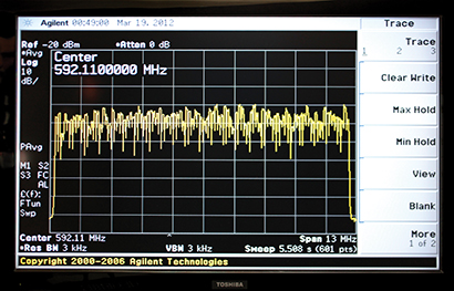 Fig. 2: Spectralyzer display of 100 units operating  simultaneously within a 13 MHz footprint