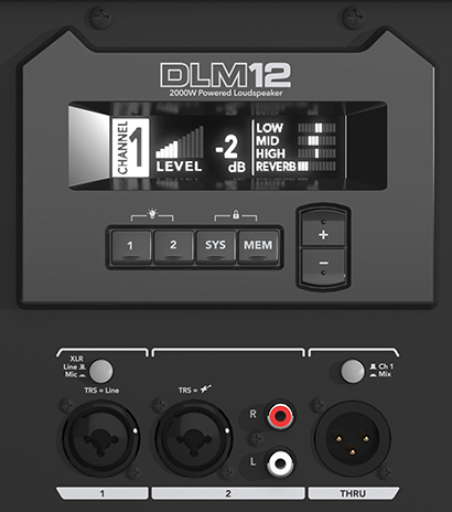 Closeup of the DLM12 rear panel inputs and digital mixer interface.