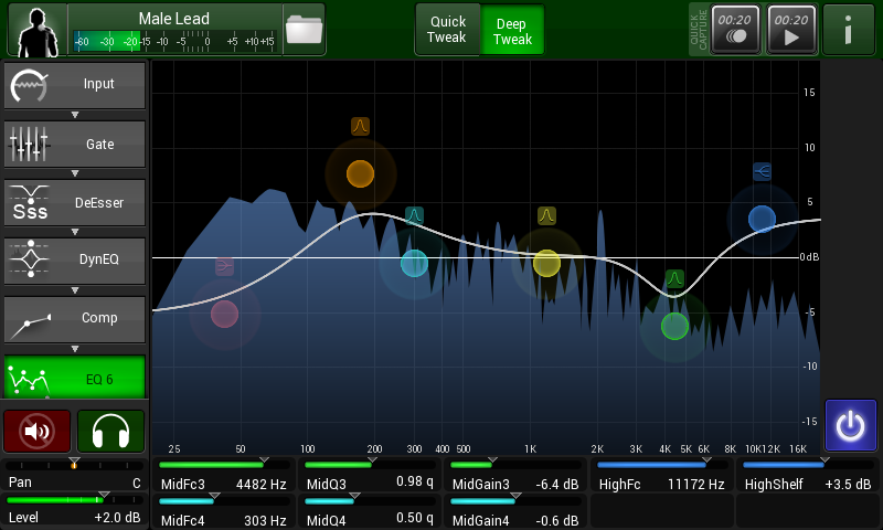 Deep EQ screen has graphic and numeric representations of parameters.