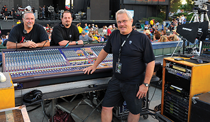 From left, audio crew chief Greg Hancock, FOH system tech Brendan Hines and FOH engineer/production manager Kevin Freeman. Photo by Steve Jennings