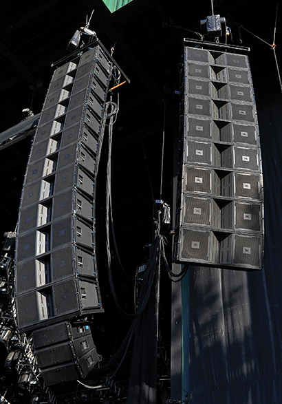 Stage left main system hang with JBL VerTec 4889s and QSC WideLine-10s used for underhang. Photo by Steve Jennings