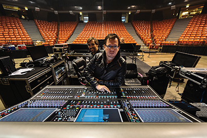 » FOH mixer James Gebhard at DiGiCo SD7 with Kenny Kaiser looking on.