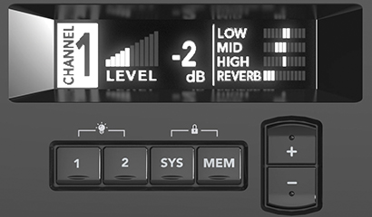 The mix/DSP control interface has six buttons