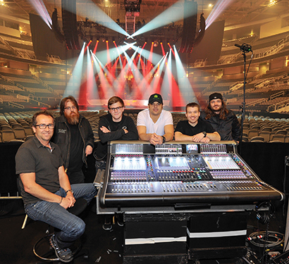 From left, Jim Ebdon, FOH engineer; Bobby Taylor, PA/audio tech; Sean Prickett, systems tech; Kevin Glendinning, monitor engineer; Jeff Wuerth,  monitor tech; Matt Patterson, PA/audio tech. Photo by Steve Jennings