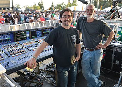 Brent Rawlings, FOH engineer for The Kings of Leon, with systems engineer Mark Brnich. Photo at BottleRock 2013 by Steve Jennings