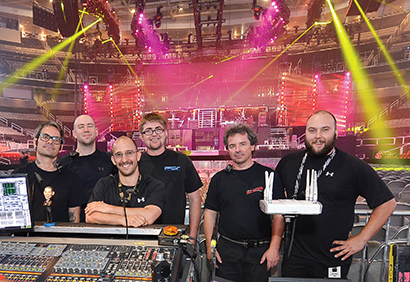 The audio crew, from left: Henry Fury, audio tech; Lan Turner, audio tech; Arnie Hernandez, systems engineer/crew chief for Clair Global; Alex MacLeod, monitor engineer; Niall Slevin, RF tech; and Joel Merrill, monitor tech.