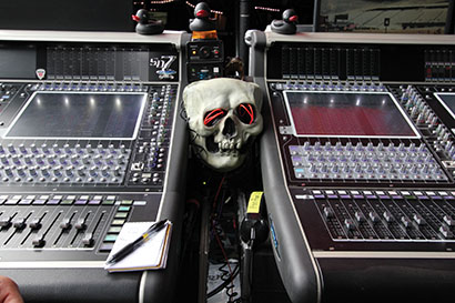 A skull mask and some rubber duckies protect the monitor guys from evil spirits.