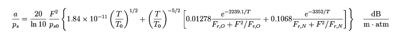 Fig. 2: The equation for representing the absorption of sound based on pressure, temperature, frequency and the relaxation behavior of the molecules in air. The molecular behavior, in turn, depends on the humidity.