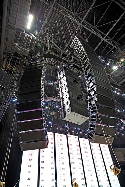 The stage right main system hang. It includes 14 Meyer Sound LEO-Ms and four MICA downfills. There's a separate side hang with eight Meyer 1100-LFC subs and 14 MICAs.