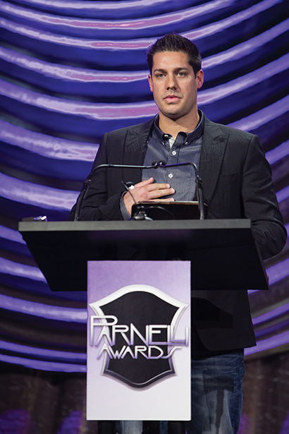 Joey Gallagher accepted the Parnelli Indispensable Technology award for Gallagher Staging's Mini G Block. Photo by Adam Kaplan