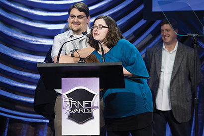 Ryan and Sara Knutson of Brown Note Productions are also known for their sound gear, but relished their win in the Hometown Hero lighting category. PLSN editor Justin Lang is in the background. Photo by Adam Kaplan