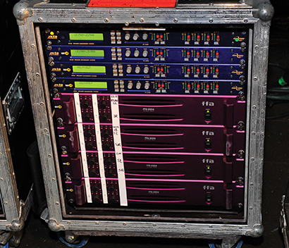 Monitor rack includes four XTA DP 224 system controllers and four FFA 6004 amplifiers, each with four 1,500W channels.