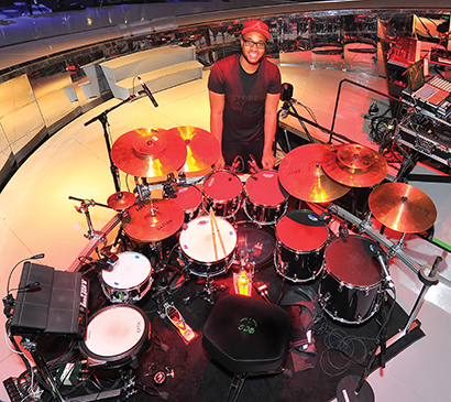 Drake drummer Adrian Bent, with his all-Sennheiser-miked kit. Photo by Steve Jennings