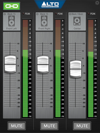 The levels screen in the Live Drive iOS app offers faders, muting, peak metering and a stereo link switch.