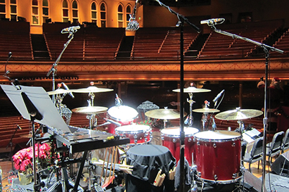 Tony Pia’s kit is handled by a variety of individual mics — Shure, Sennheiser and Mojave — as well as an overhead Royer SF-24 stereo mic flanked by two Royer R-122’s on the outer edge. Photo by John Jennings