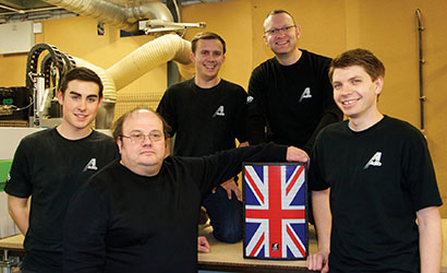 Adlib Speaker Designer Dave Fletcher with the Adlib manufacturing team. From left, Tom McCarthy, Dave Fletcher, Dave Graham , Ian Greenwood and Chris Toohey