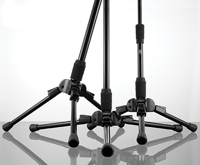 The legs on each mic stand can ratchet to tilt the axis by up to 65°, adjust for uneven floors or rise slightly above drum stands, cables, etc.