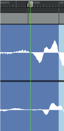 Fig. 1: Comparison of a bass part via a D.I. box (top waveform) and a signal from a miked bass amp (lower waveform) that arrives later.