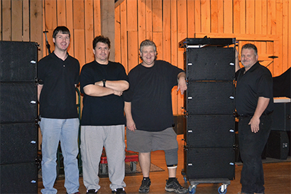 Shown during the system install are, from left, monitor engineer Mark Fairchild, tech assistant Robert Gaylor, facility technical director/chief engineer Kevin Fields and Jeff Branham of Branham Productions.