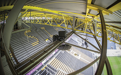 The RCF rigs at the Dortmund stadium are placed high, out of sightlines, yet can cover both upper and lower deck seating.