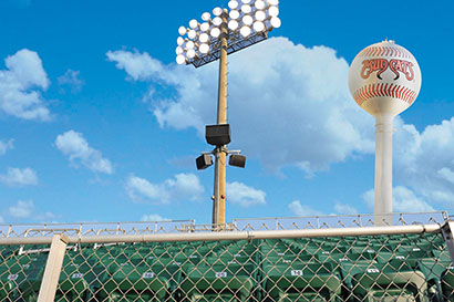 This pole along the third base line at Five County Stadium has two WorxAudio X2 line arrays and a 218S subwoofer.