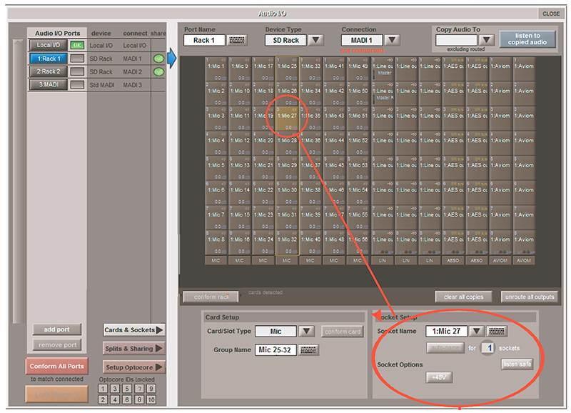 Fig. 1: SD5 Routing Screen; here clicking on mic input #27 in the selected rack brings up a box with parameters for that channel.