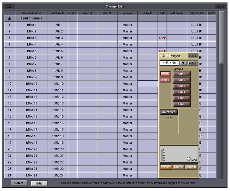 Fig. 2: The Channel List screen offers a complete list of all the input, aux, group, matrix and control group channels that exist within the session.