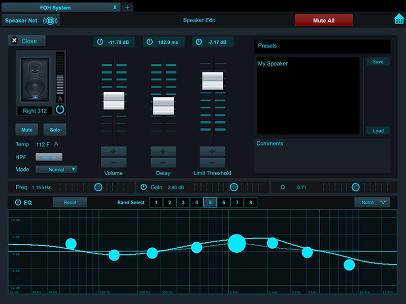 The free SL Room Control app provides flexible access to DSP and system monitoring via iPad.