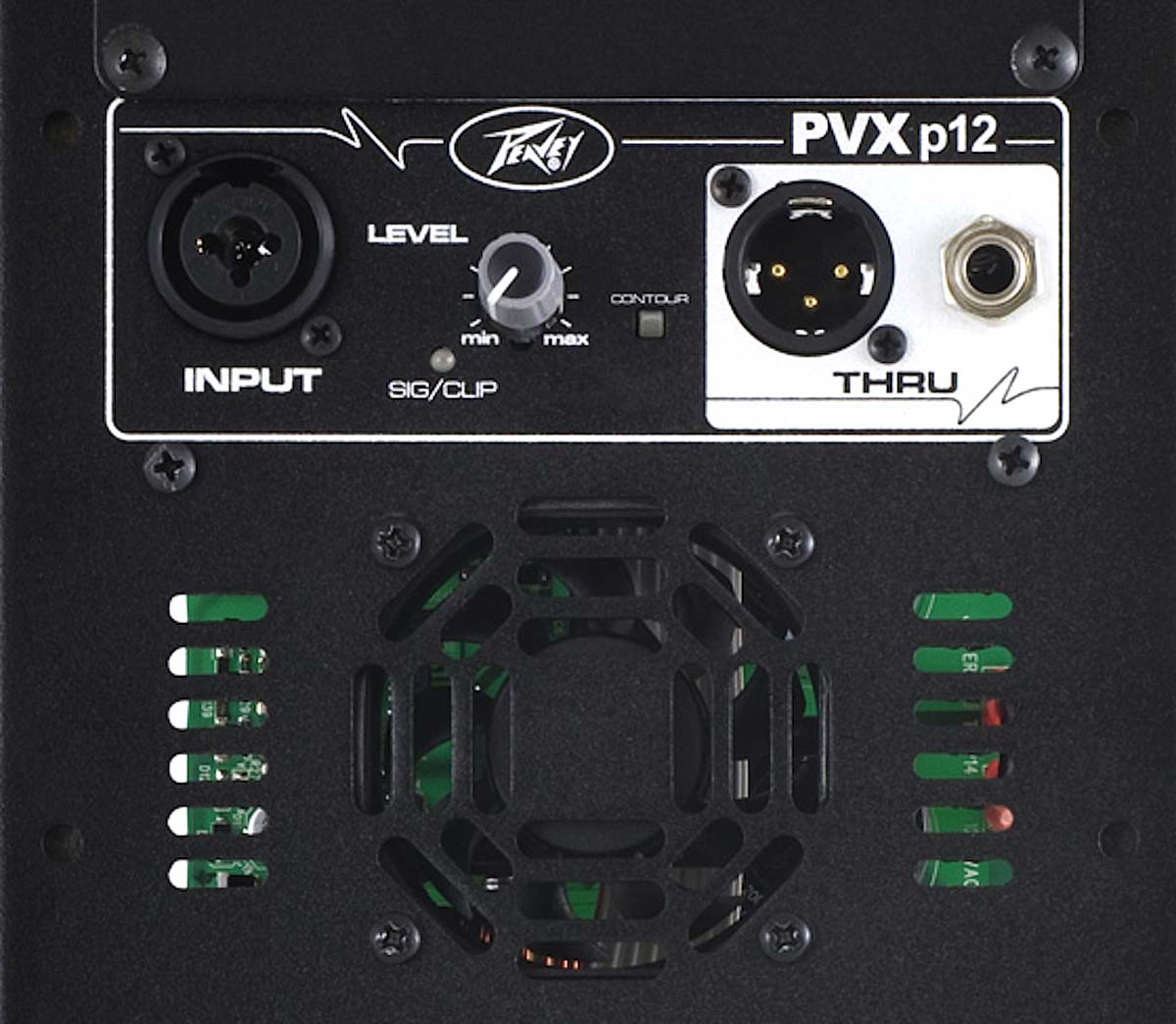 This rear panel closeup detail the I/O section, the fan and vent openings and at the top of photo, part of the space for optional processing cards.