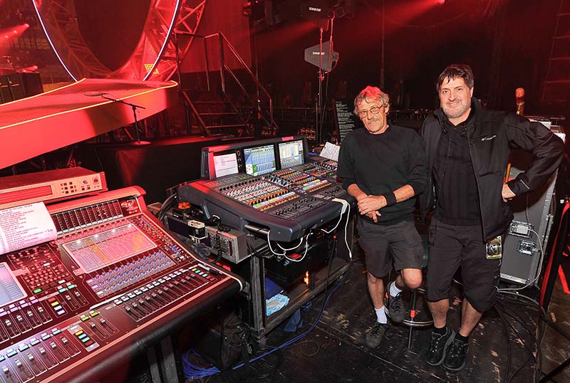 Monitors engineers Kerry Lewis and Gary Stokes. Photo by Steve Jennings