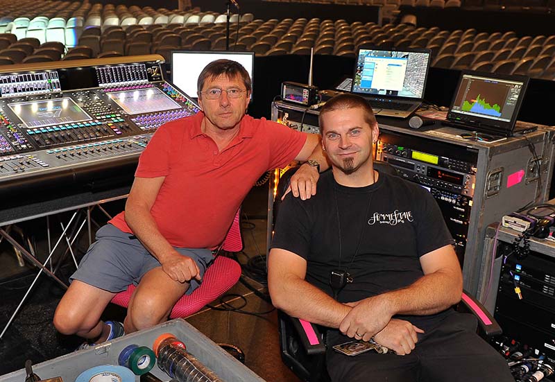 FOH engineer Robert Collins with systems engineer David Coyle. Photo by Steve Jennings