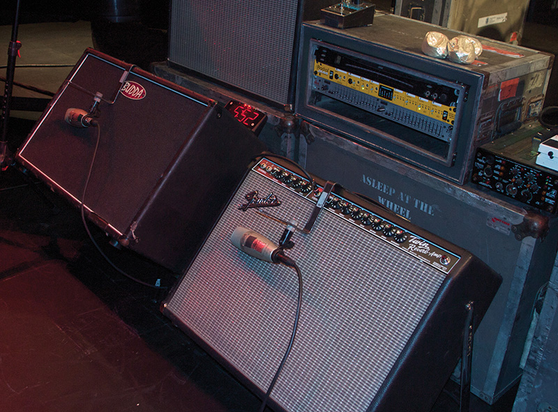 All amps (Benson’s rig shown here) are miked with Shure KSM32’s.