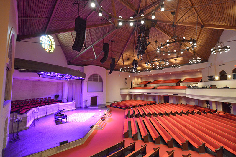 Two views of the Christ Chapel Bible Church illustrate the wide arrangement of the 1,800-seat sanctuary.