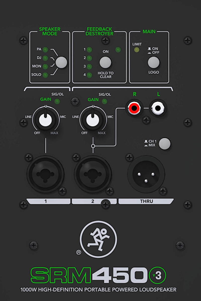 The SRM450v3 rear panel offers new features, such as a 2-input analog mixer; switchable speaker contours and feedback destroyer function.