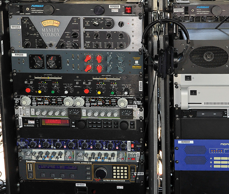 The well-stocked collection of analog toys in the FOH rack would make any studio envious. Photo by Steve Jennings