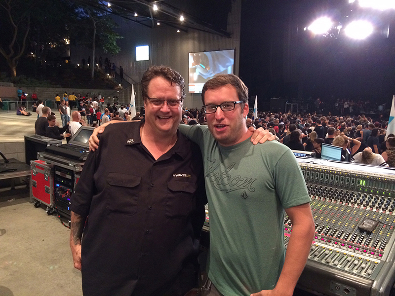 FOH engineers Pooch Van Druten (left) and Jay Rigby take a moment to pose at the Concord Pavilion — before the last show of the North American tour. Photo by Vic Wagner