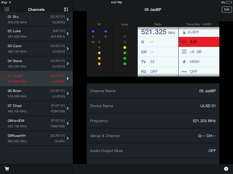 The ShurePlus Channels mobile app offers wireless monitoring and control of various parameters via iPad.