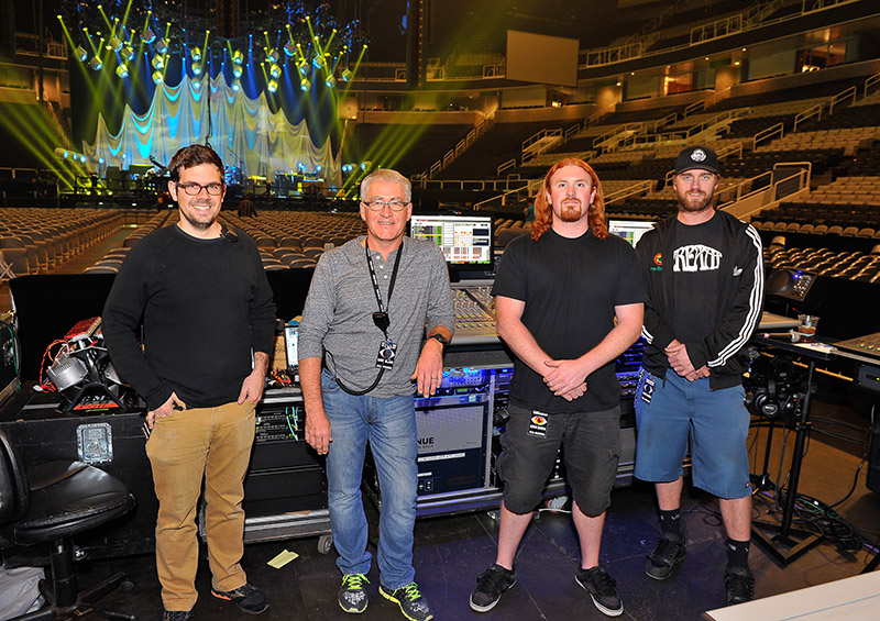 Audio crew at FOH: Andrew Dowling, systems engineer, Robert Scovill, FOH engineer; sound tech Chris Houston; and sound crew chief Marcus Douglas.