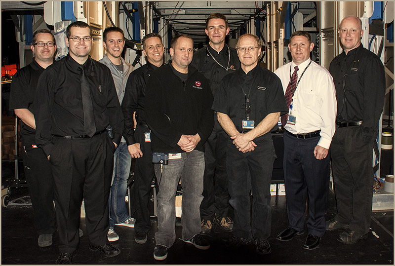 The entire live audio crew takes a photo break backstage. From left to right: Robbie Dalley (RF tech); Ryan Smith (RF tech); Bryce Lawrence (RF tech); Adam Berrett (lead RF tech); Ben Wariner (RF tech); Troy Morgan (system engineer/frequency coordinator); Curt Garner (monitor engineer); Chris Martin (lead FOH engineer); and Joey Russell (Muppets FOH engineer).