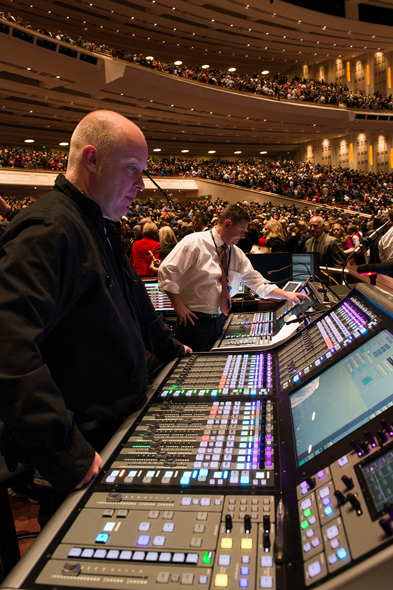 FOH mixers Joey Russell (left) and Chris Martin at the two new SSL Live L500 house consoles just before showtime.