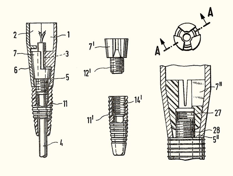 Detail of the original 1975 patent for an improved XLR connector that used a threaded rear cover to tighten a three-sided cable strain relief. The system is still used on all Neutrik XLRs today.