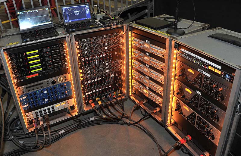 The four FOH racks are packed with analog tube and solid-state gear, as well as outboard digital effects. Eric Church tour photo by Steve Jennings.