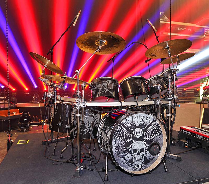 Single-headed rack toms on the drum kit allow mics to be placed inside the toms for a clean look. Eric Church tour photo by Steve Jennings