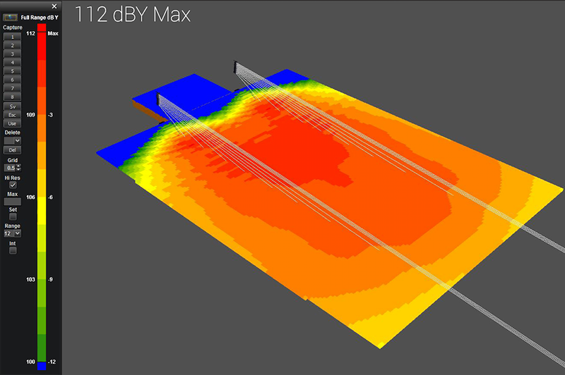 Y-weighted (2 kHz to 8 kHz) prediction plot of a large system with two hangs of 12 S10's and 12 S119 subs in an 80 by 60 meter space. Red area is 112 dBY, tapering off to the yellow areas being only 6dB down at 106 dBY