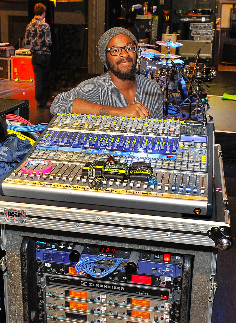 Monitor engineer Daniel Thigpenn. The band is touring with a PreSonus StudioLive 24.4.2 console to handle monitors (c) Steve Jennings